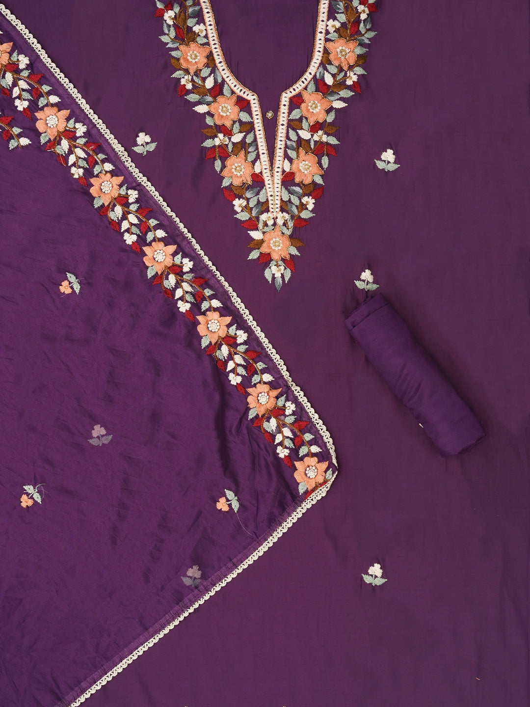 Purple Pure Silk Lucknowi Embroidered Dress Material with Dupatta