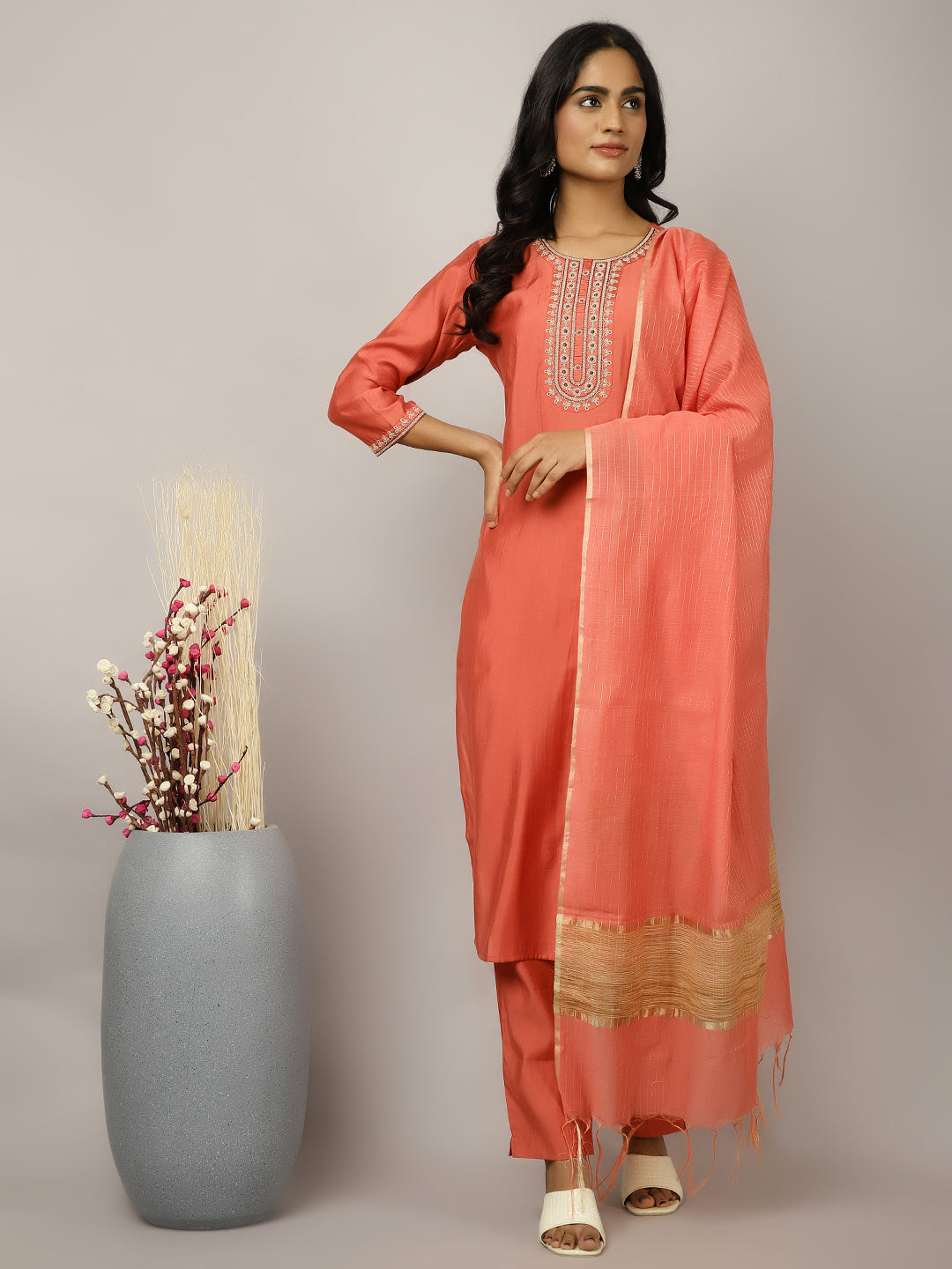 Silk Blend Coral Embroidered Suit Set