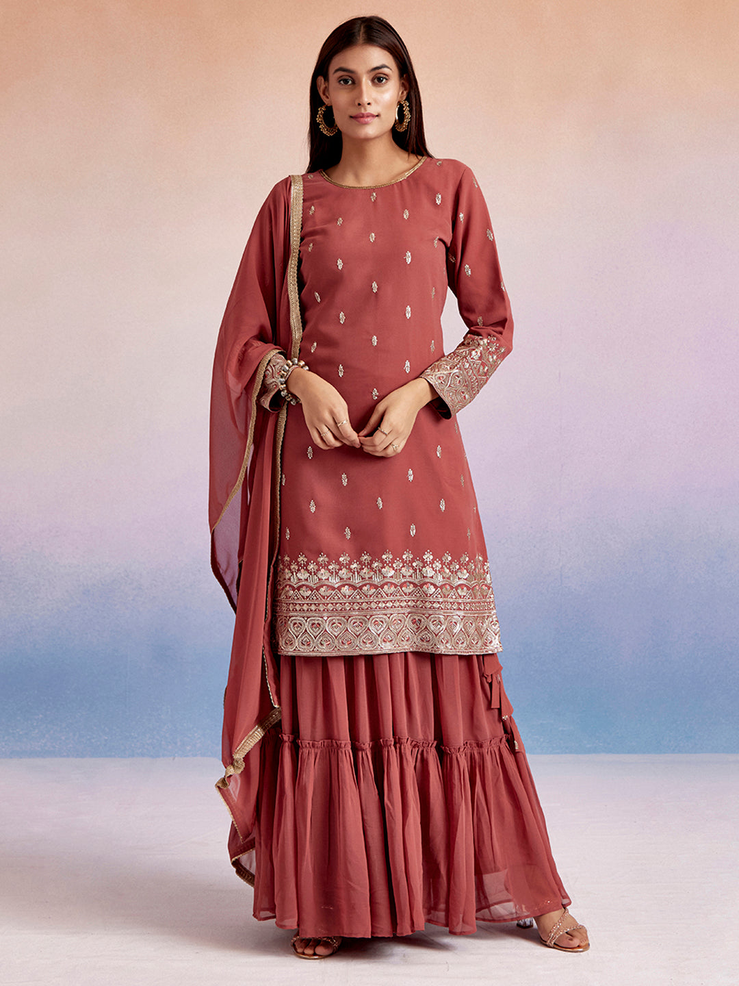 Embroidered Dusty Peach Straight Kurta With Sharara And Dupatta