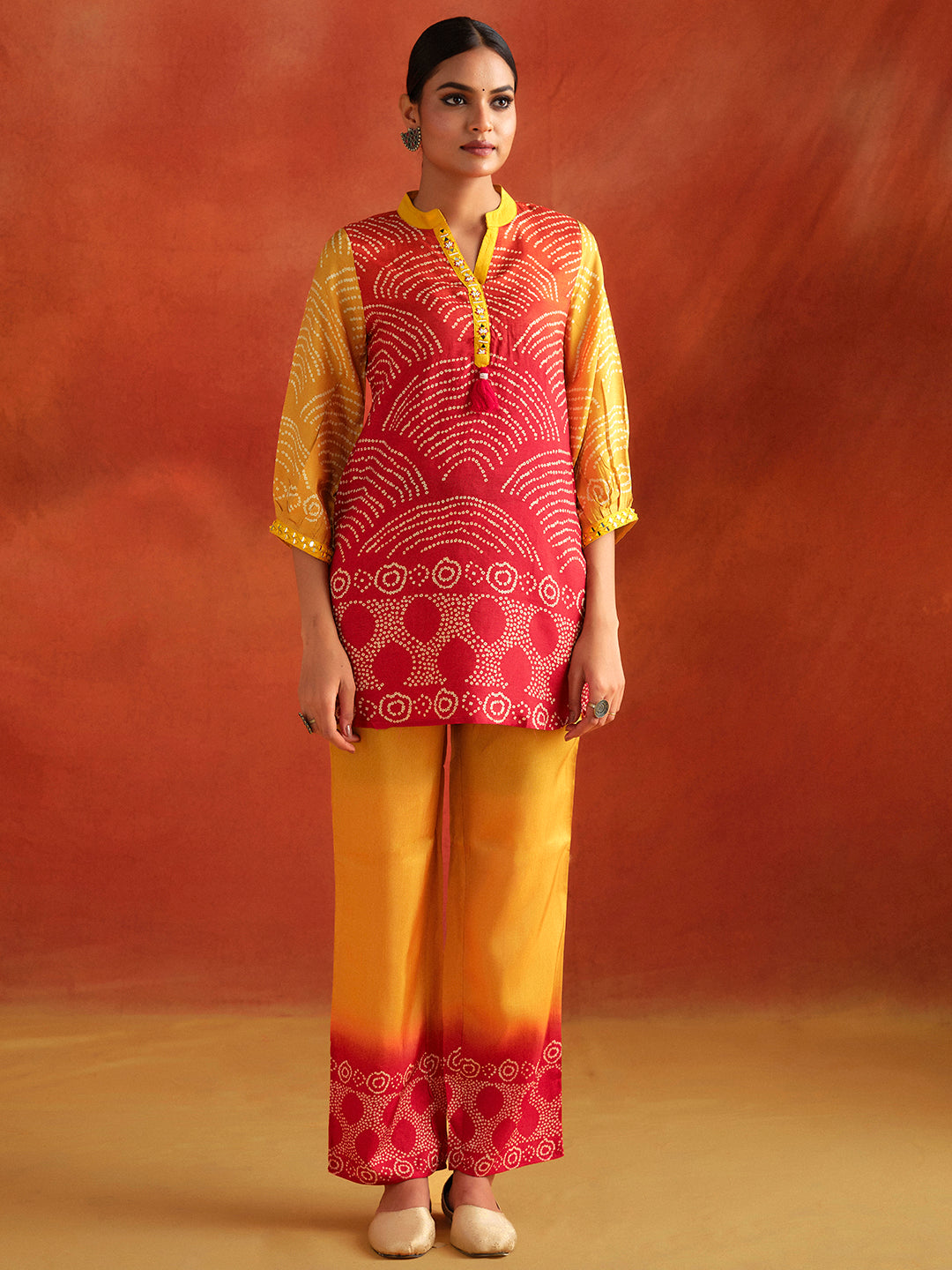 Mustard Bandhej Mirror Work Festive Co-ord Set