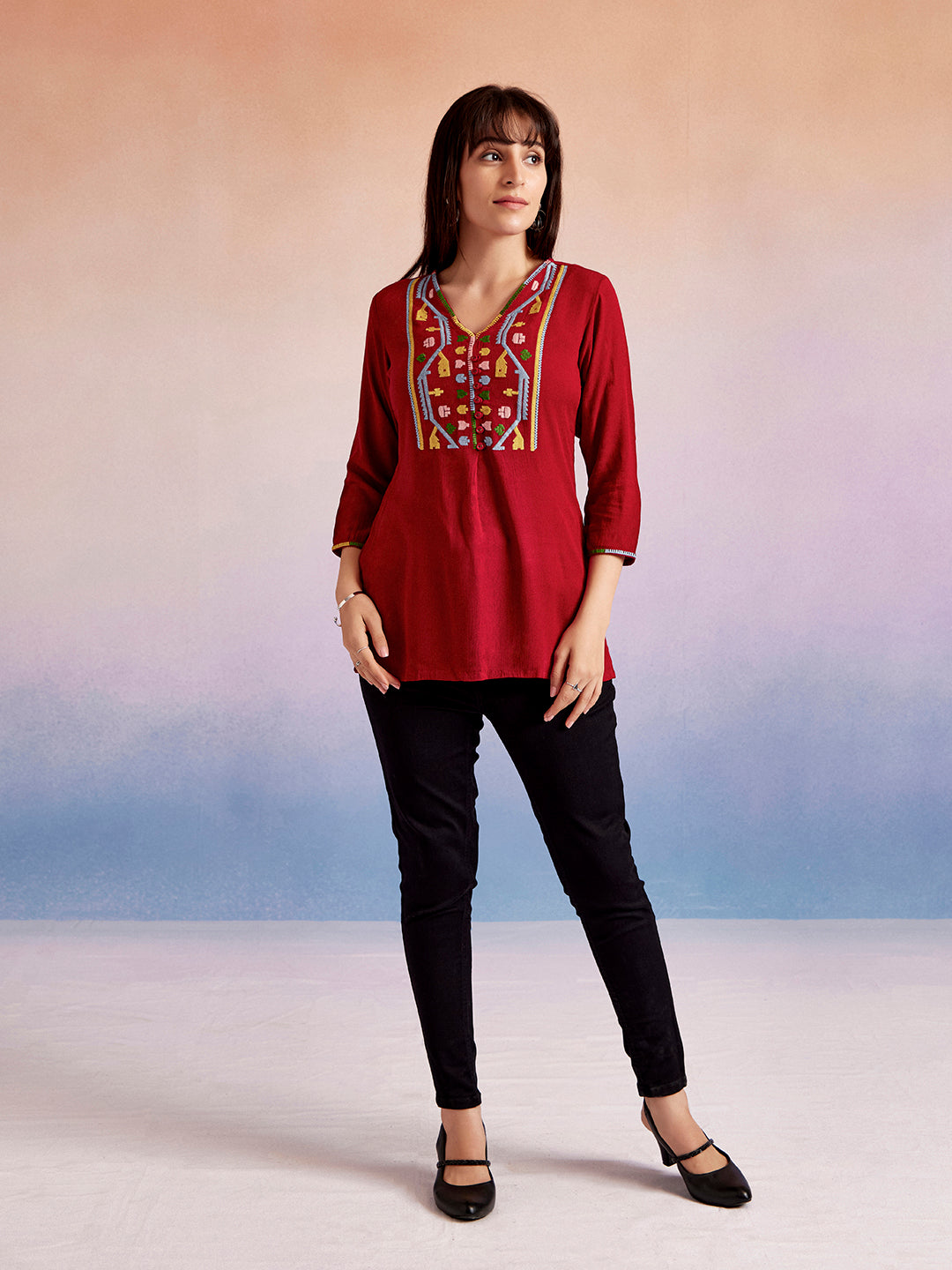 Solid Red Embroidered Casual Top
