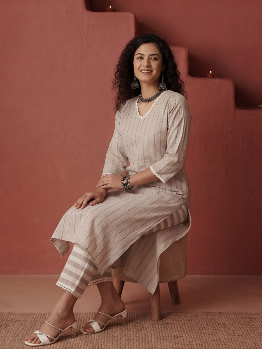 Cotton Lurex Stripes Kurta Set