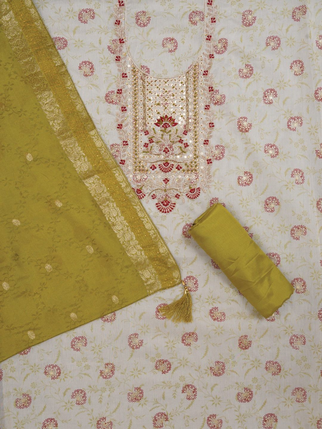 Festive Off White Silk Blend Zari Woven Dress Material With Dupatta