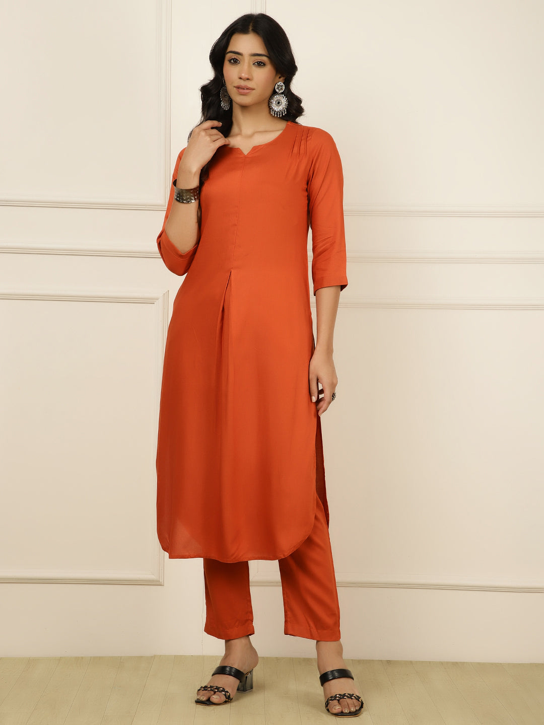 Rust Pleated Straight Kurta With Pants