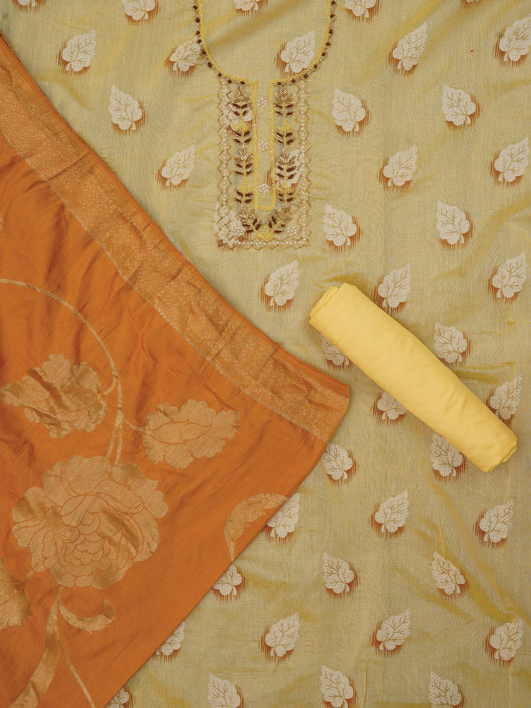 Yellow Embellished Woven Design Cotton Dress Material with Dupatta