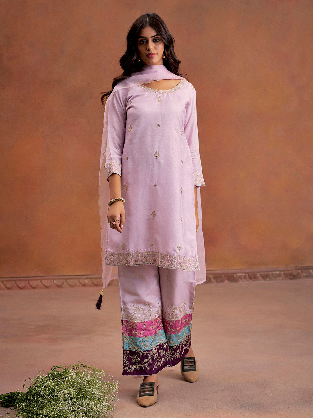 Lilac Zardozi Embroidered Festive Kurta Set With Dupatta