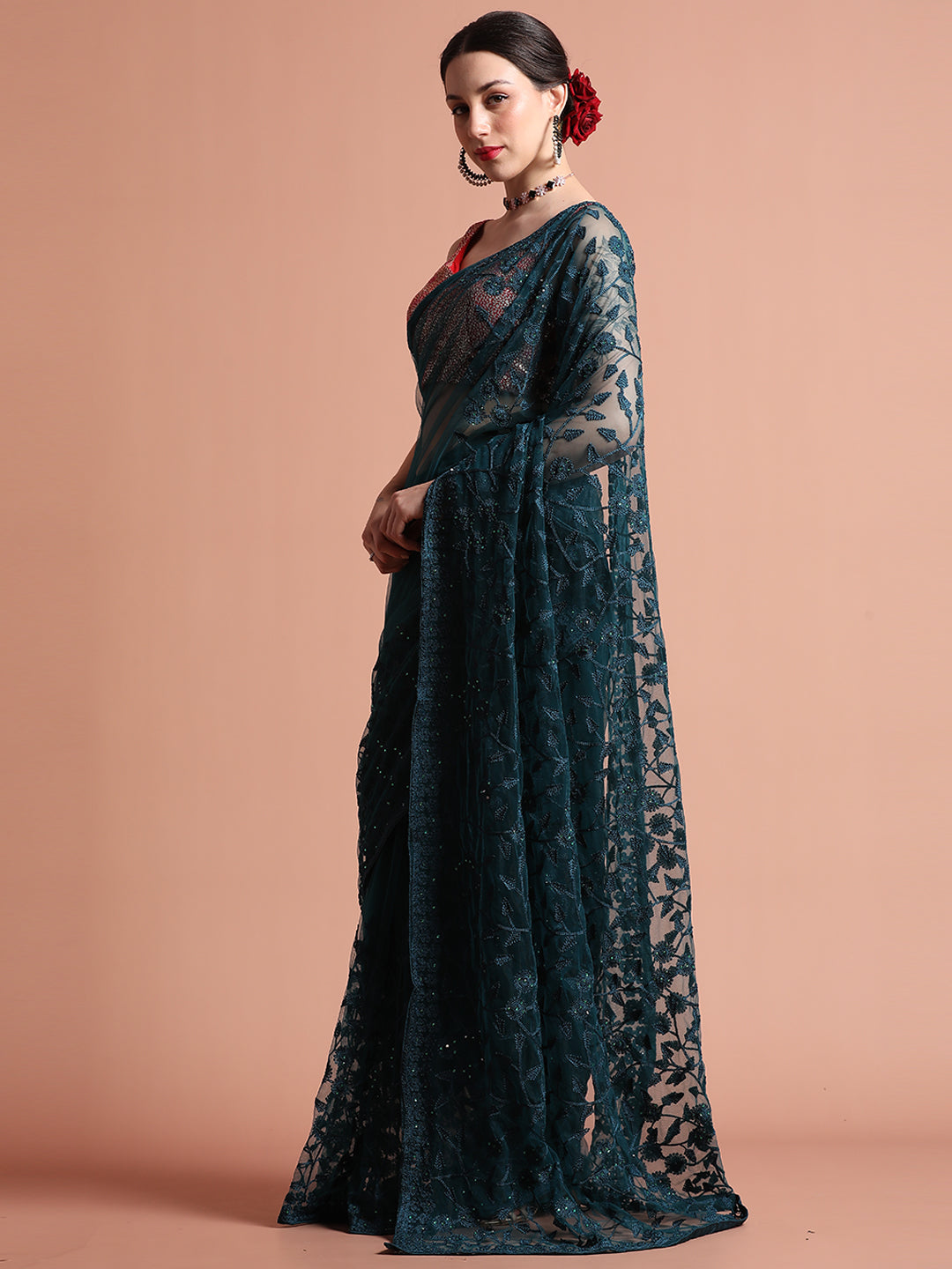 Teal Party Wear Floral Embroidered Net Saree