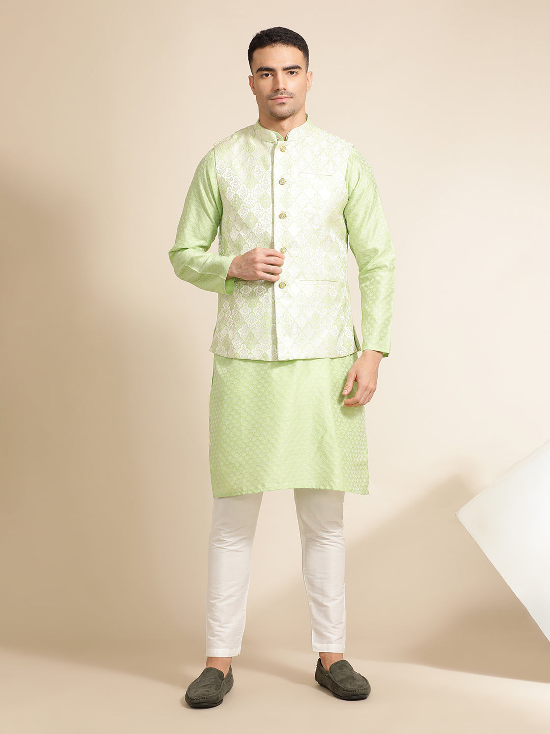 Pista Green Silk Blend Kurta With Woven Design Nehru Jacket Set