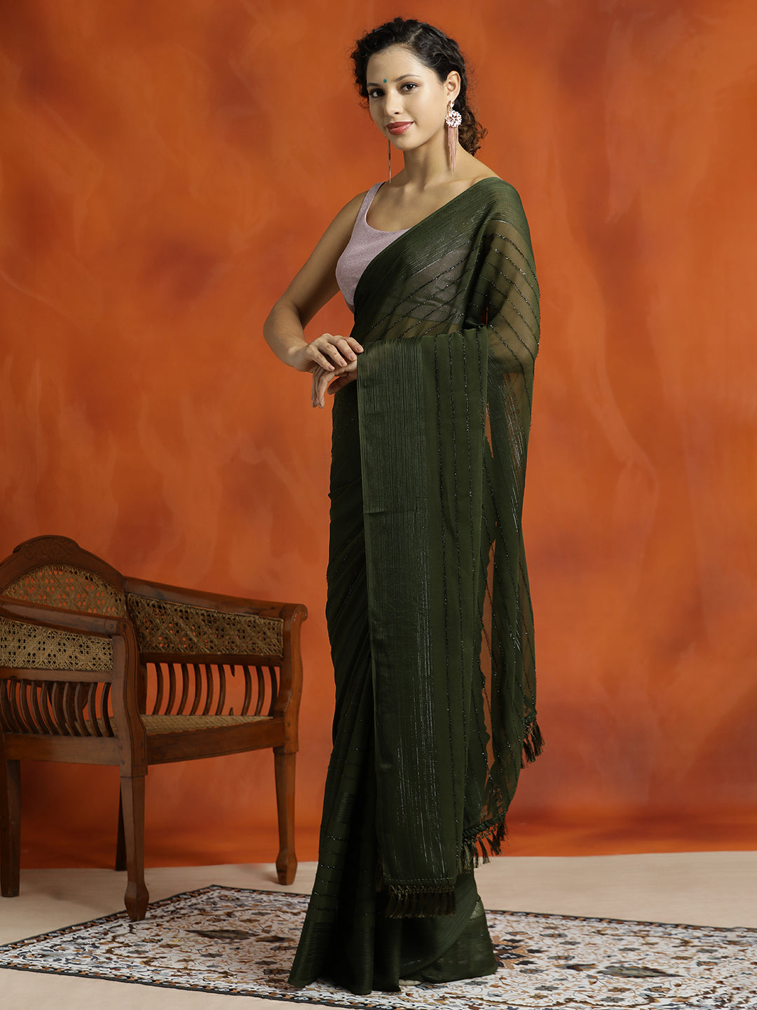 Mehandi Green Sequin Embellished Party Wear Saree