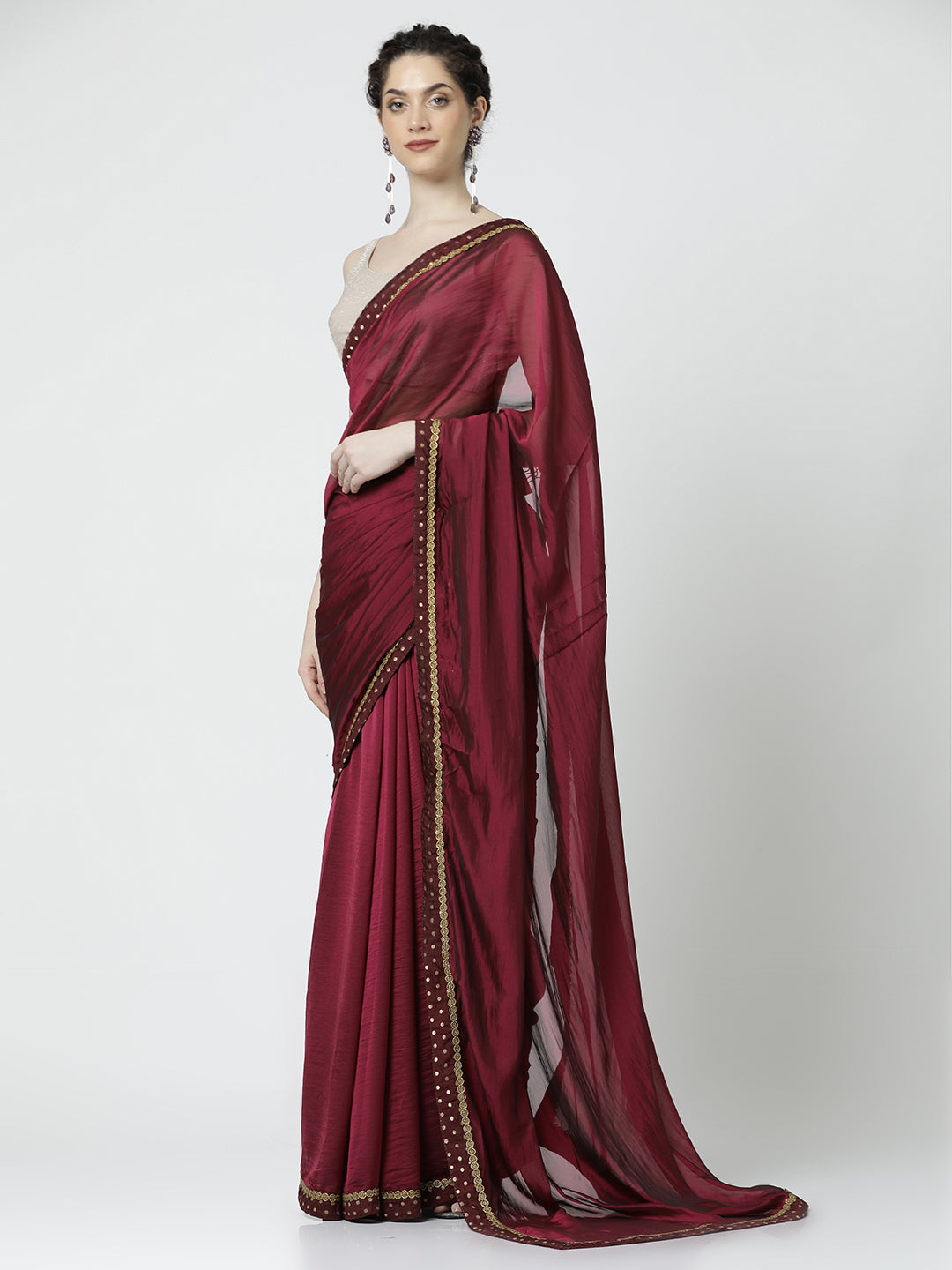 Red Wine Embellished Poly Silk Saree