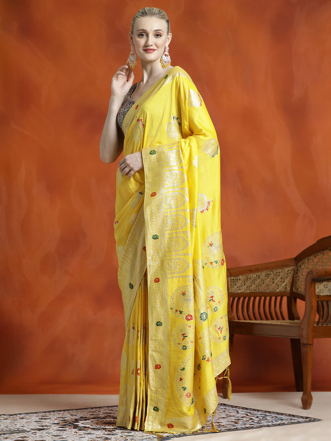 Heavy Banarasi Zari Woven Silk Blend Yellow Saree