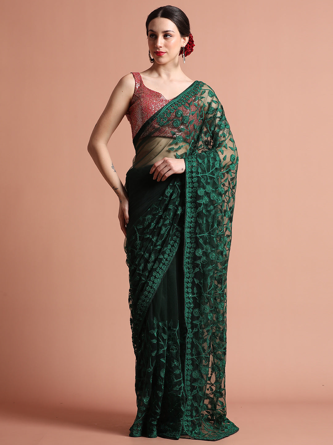 Green Party Wear Floral Embroidered Net Saree