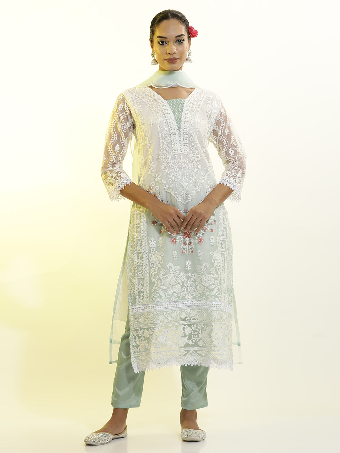 Heavy Embroidered Organza Festive Kurta Set With Dupatta