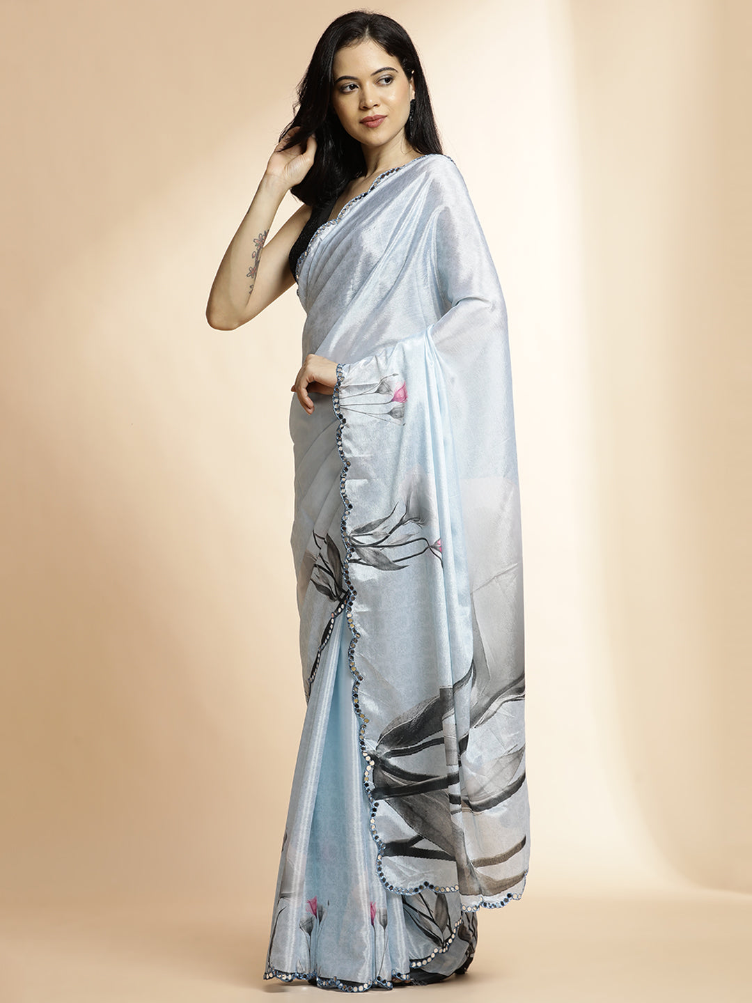 Sky Blue Tie-Dye Printed Mirror Work Satin Saree