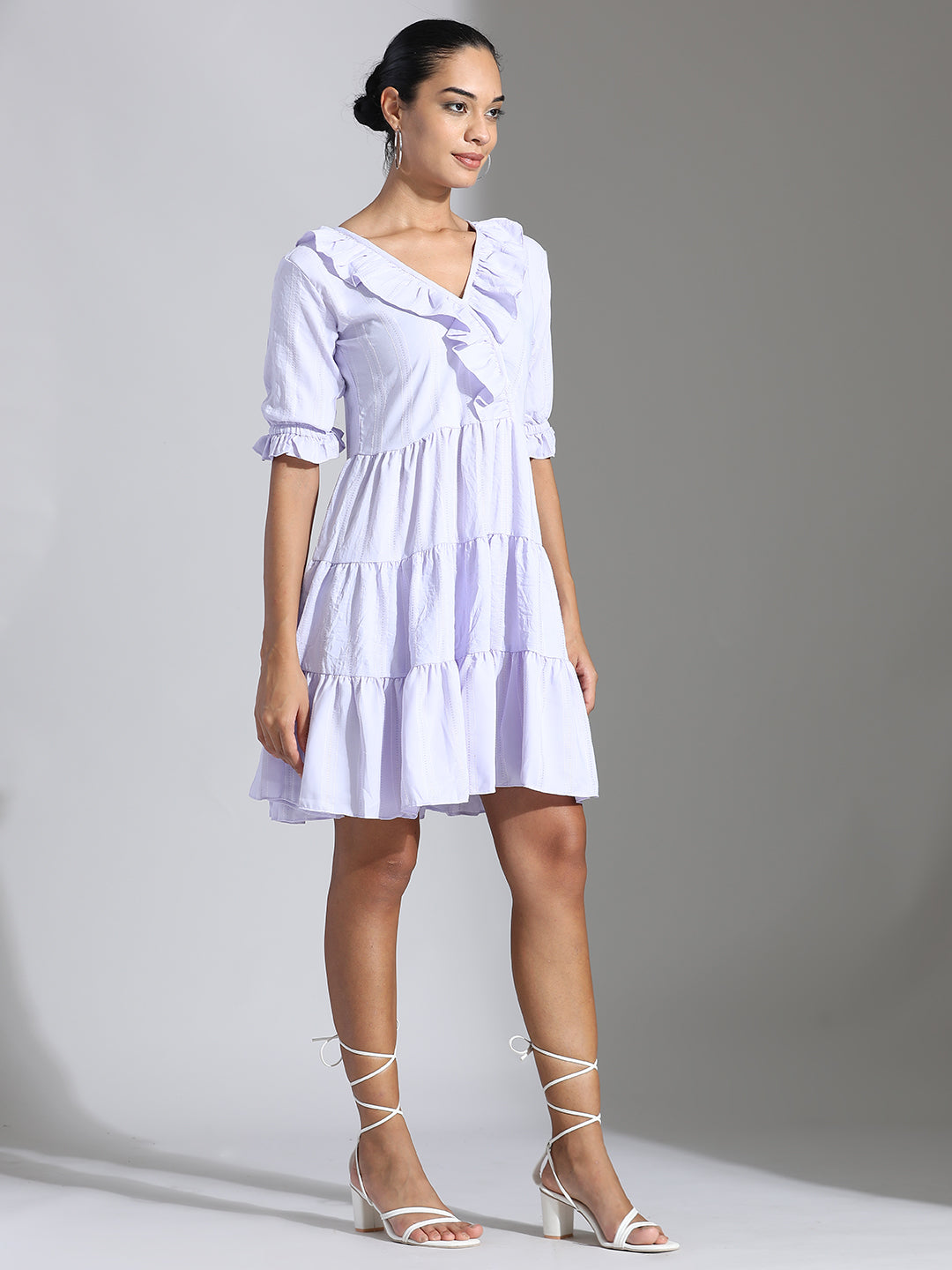 Lavender Party Wear Tiered Flared Dress