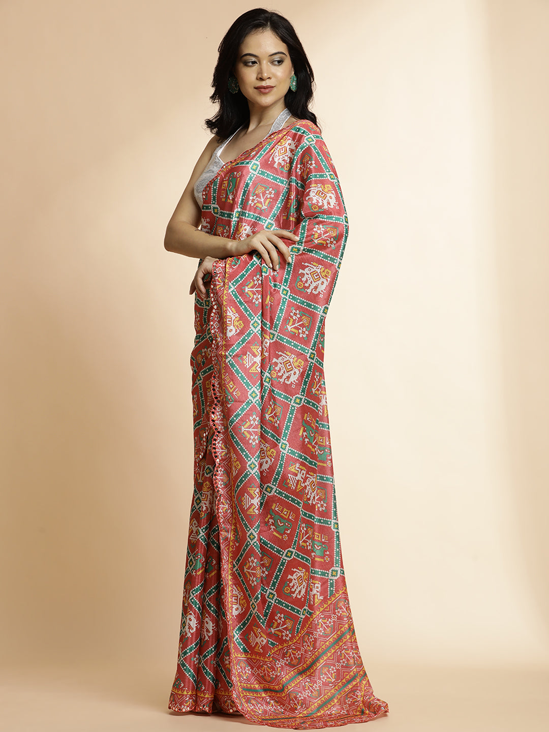 Multicolor Tribal Printed Mirror Work Satin Saree