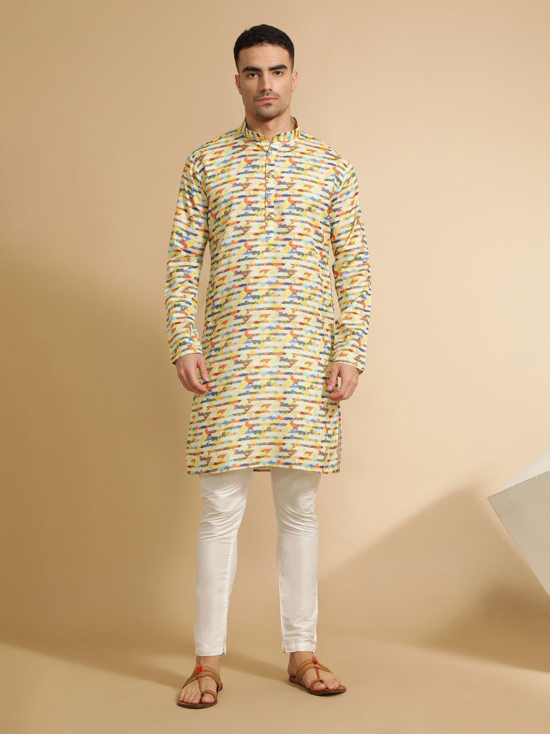 Yellow Abstract Printed Cotton Kurta for Men