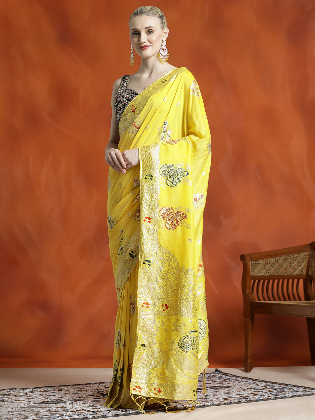 Yellow Heavy Banarasi Zari Woven Silk Blend Saree