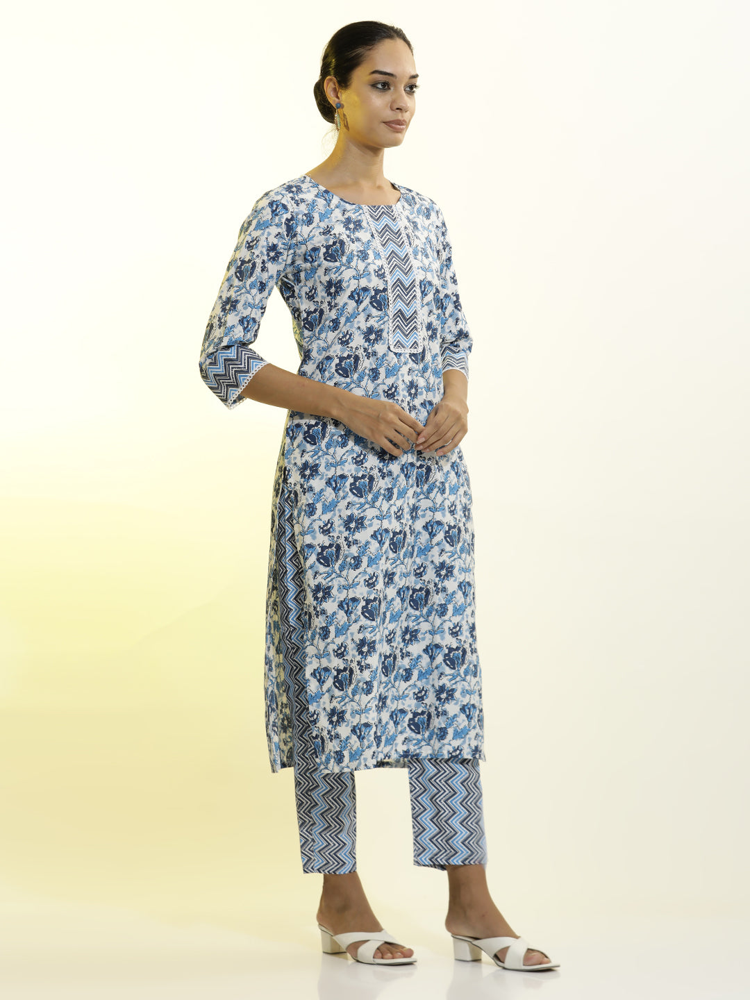 Floral Printed Cotton Blend Blue Kurta Set