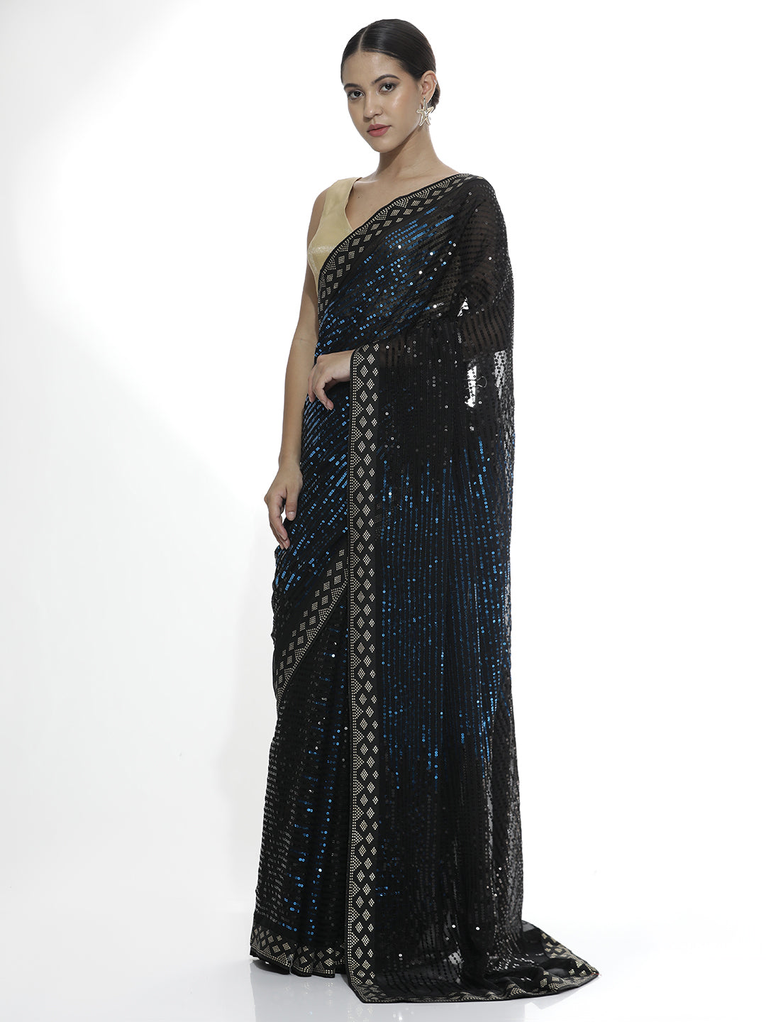 Pure Georgette Teal Sequin Party Wear Saree