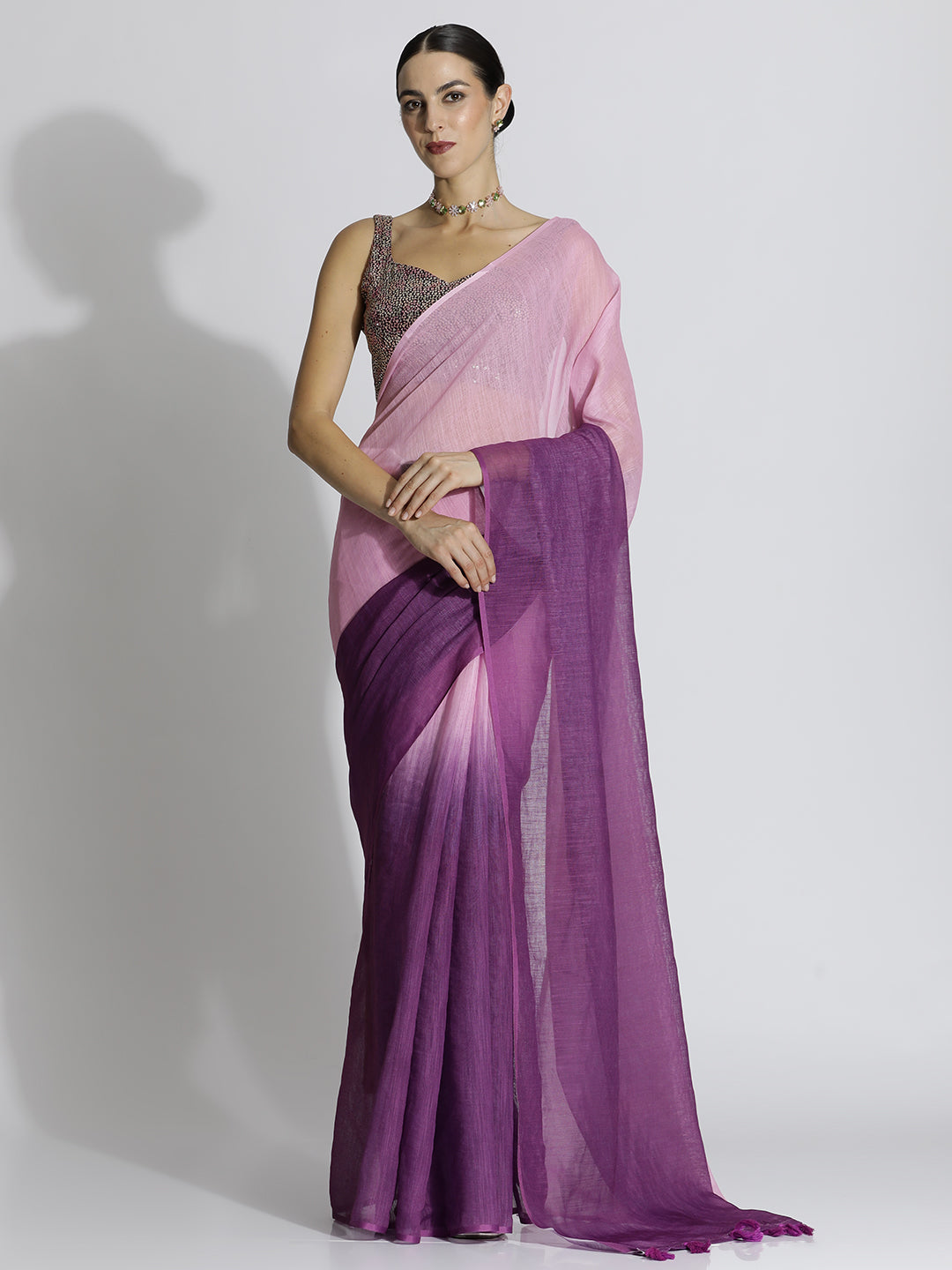 Ombre Daily Wear Pure Linen Red Wine Saree