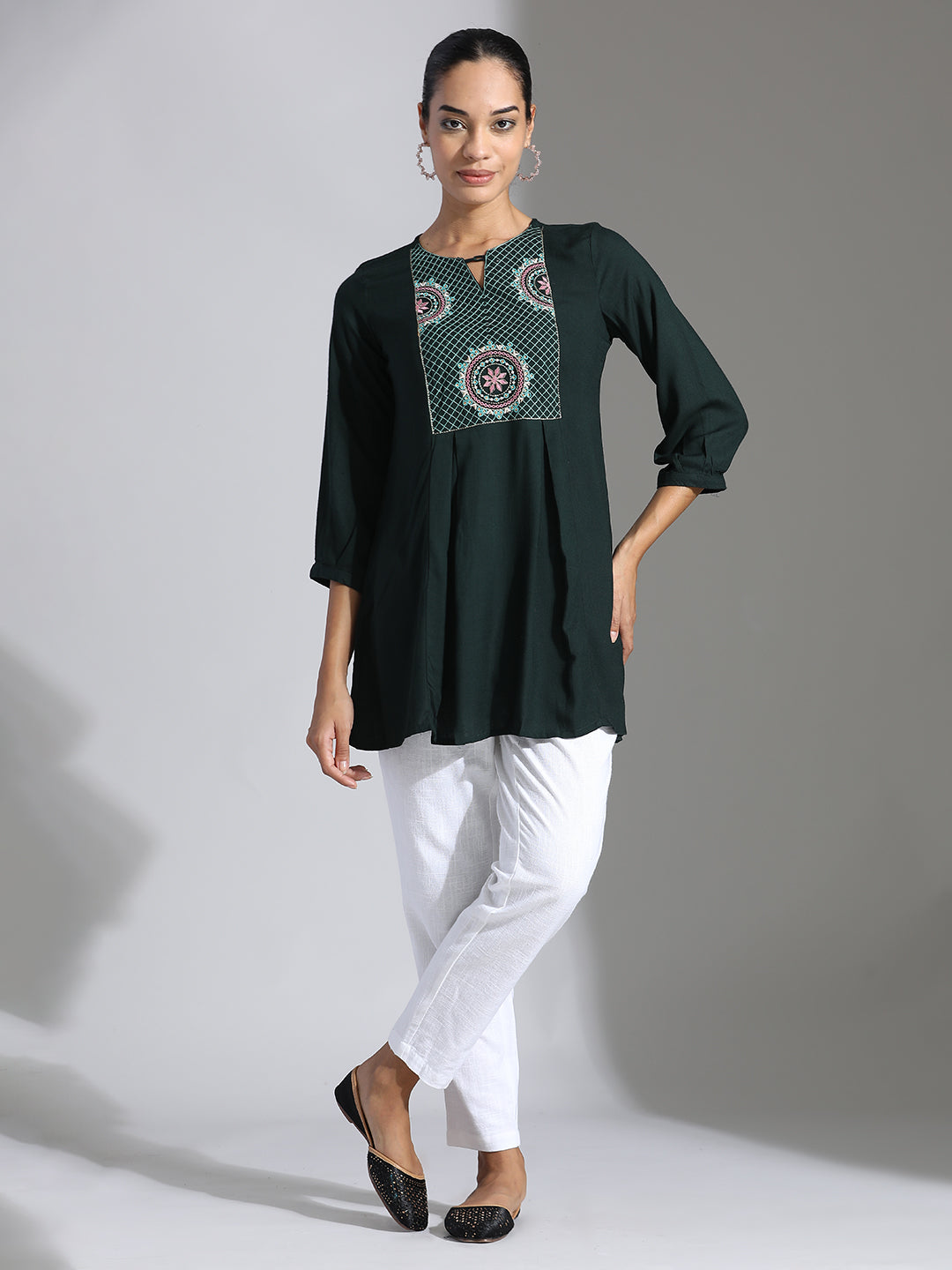 Green Embroidered Party Wear A-line Top