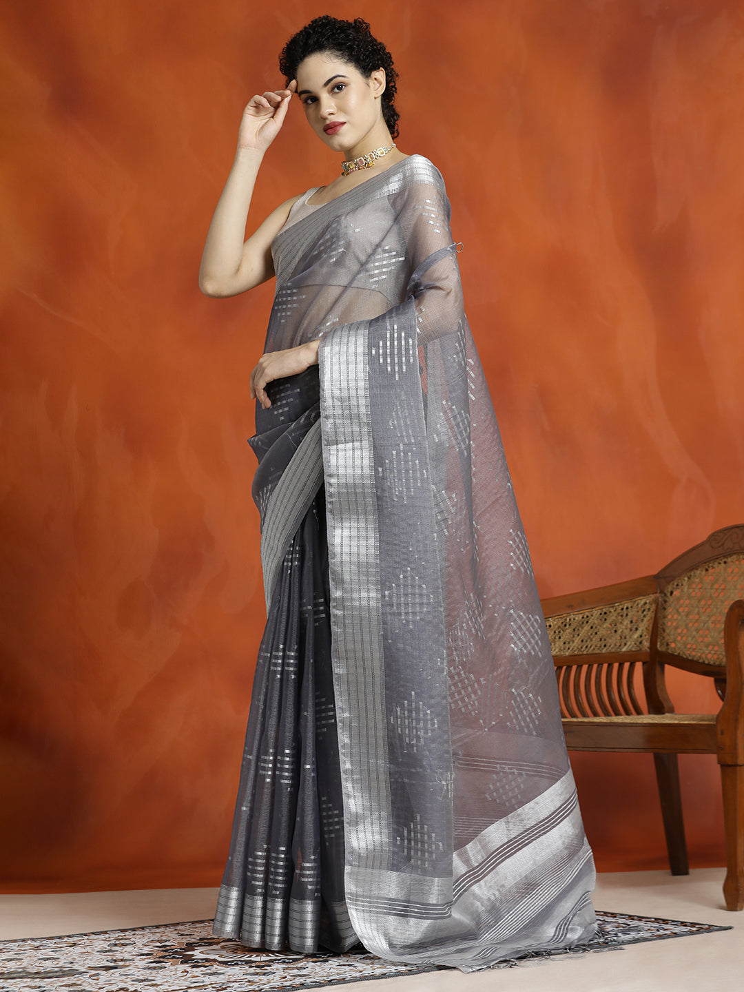 Grey Zari Woven Banarasi Organza Saree