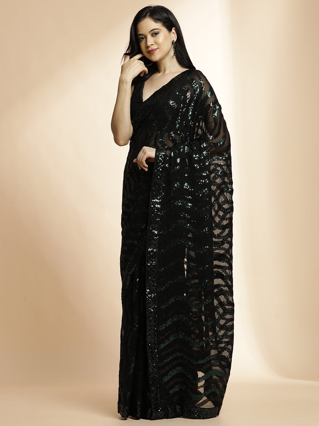 Pure Georgette Sequin Party Wear Black Saree