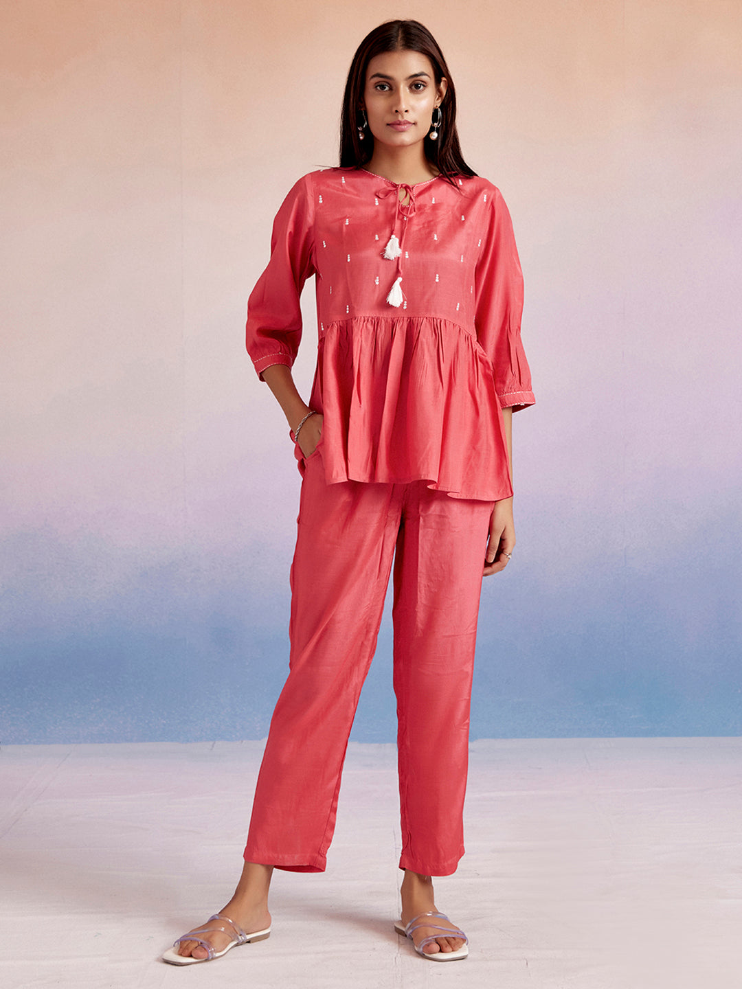 Coral Resham Embroidered Co-ord Set