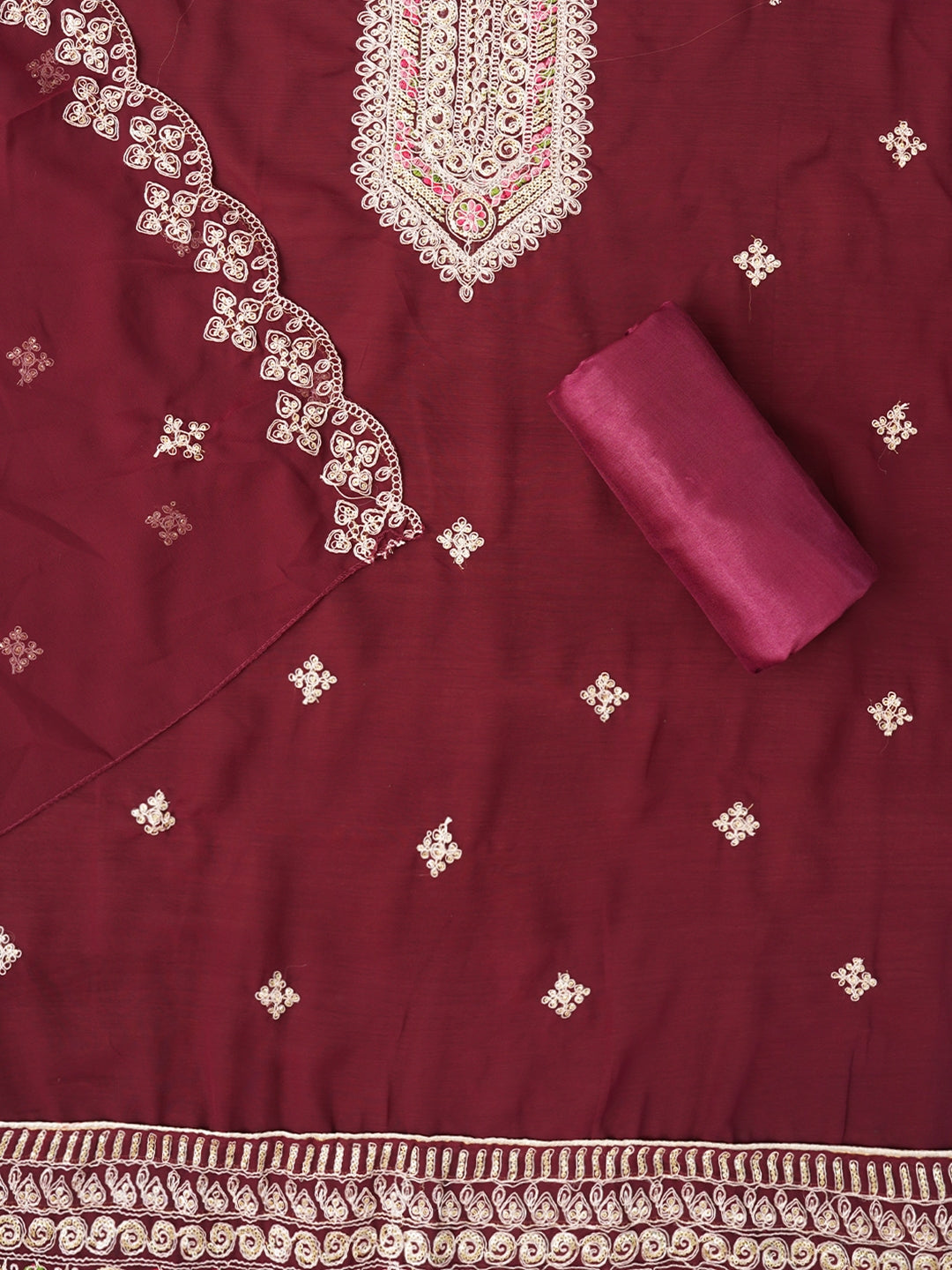 Purple Silk Georgette Embroidered Dress Material With Dupatta