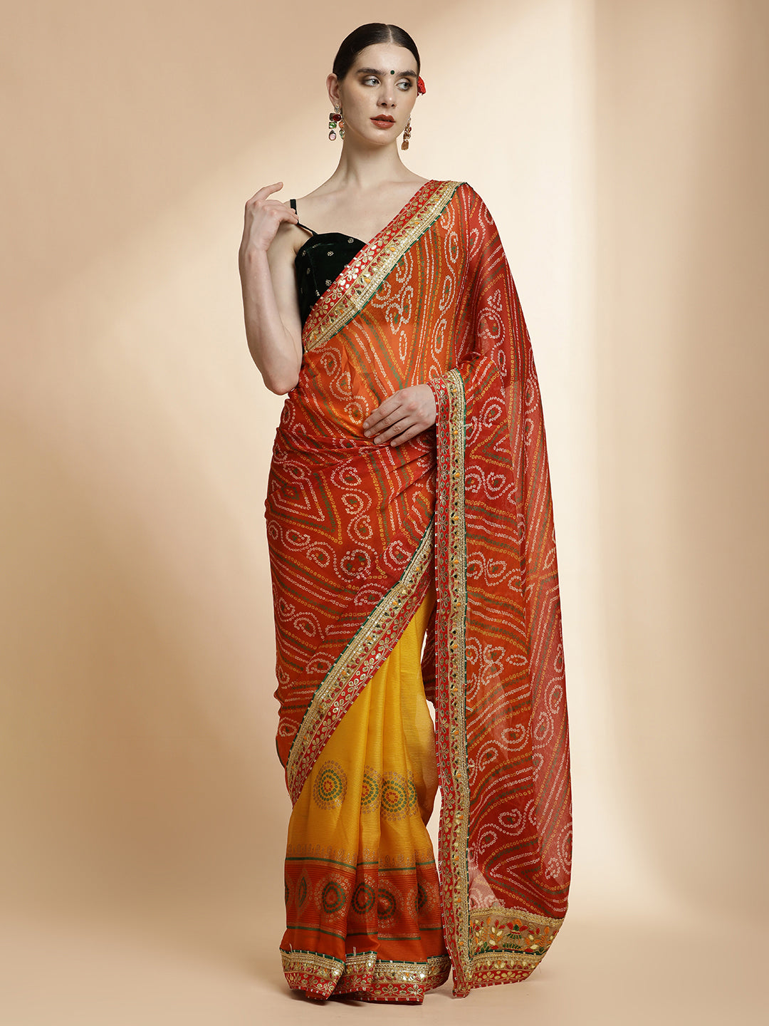 Yellow Traditional Embroidered Bandhani Pure Georgette Saree