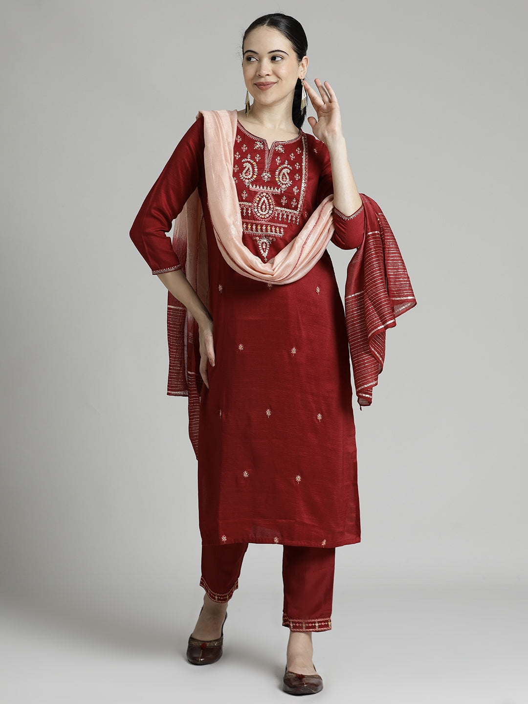 Red Embroidered Chinon Kurta Set With Dupatta