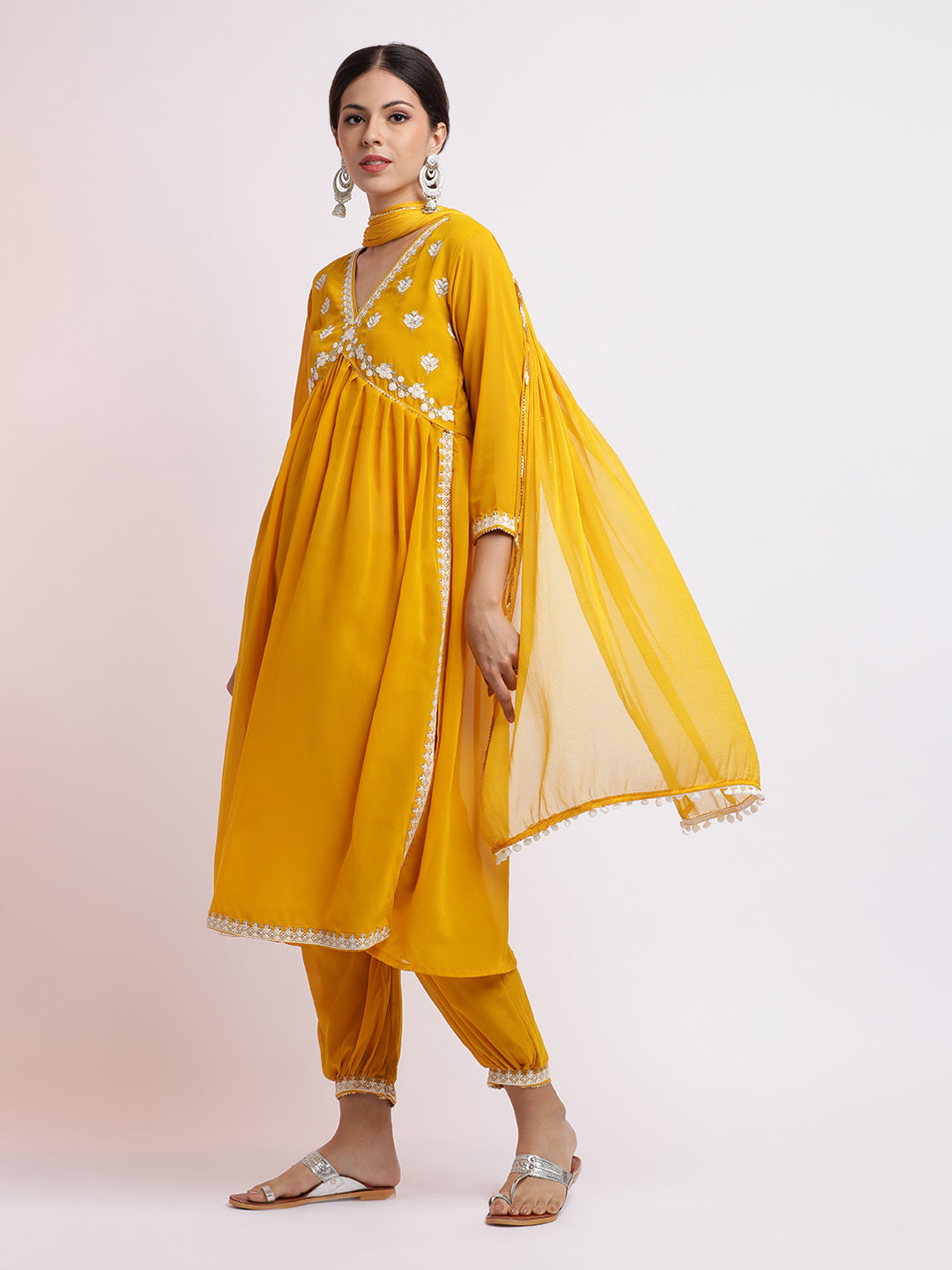 Mustard Embroidered Georgette Kurta Set With Dupatta