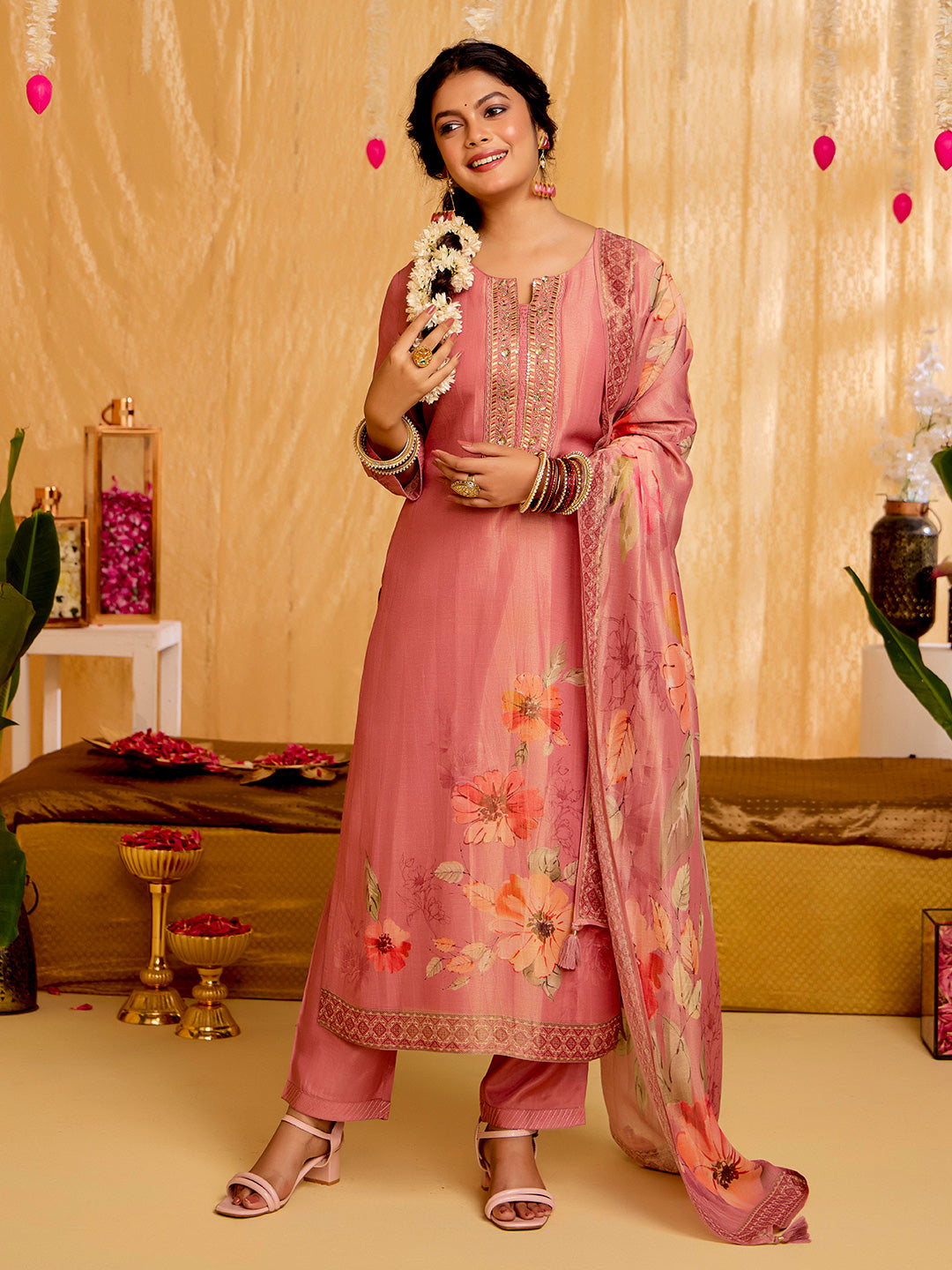 Peach Floral Printed Embroidered Kurta Set With Dupatta