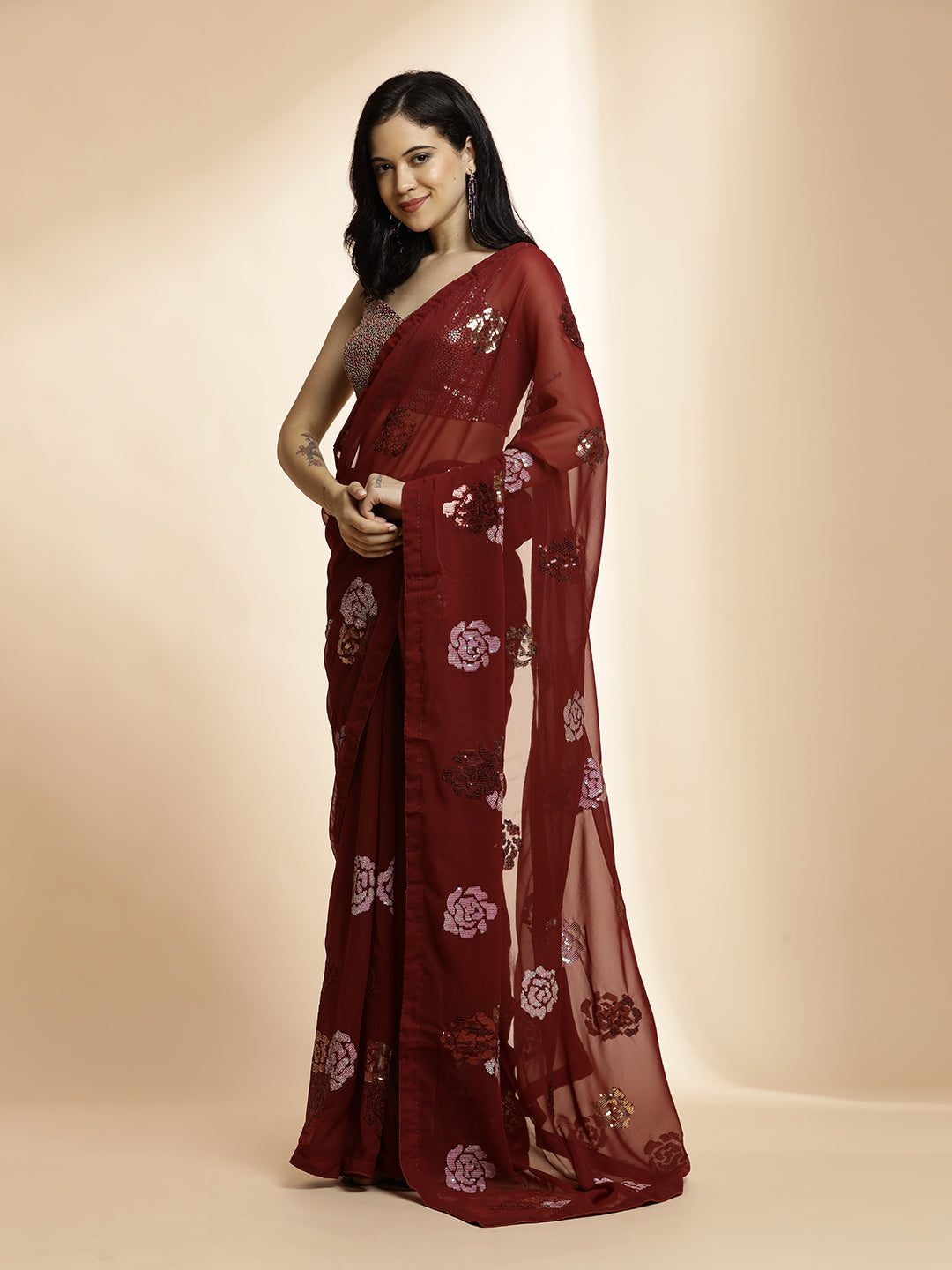 Maroon Sequin Embellished Georgette Heavy Saree