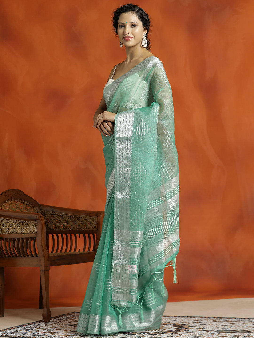 Seagreen Zari Woven Design Banarasi Organza Saree