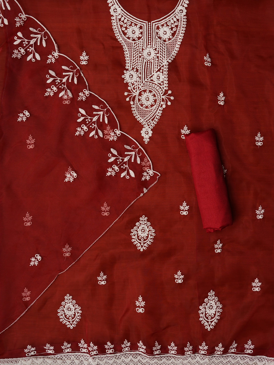 Red Embroidered Organza Dress Material with Dupatta