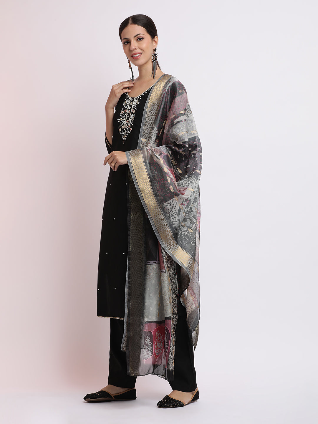 Black Embroidered Cotton Blend Kurta Set With Dupatta