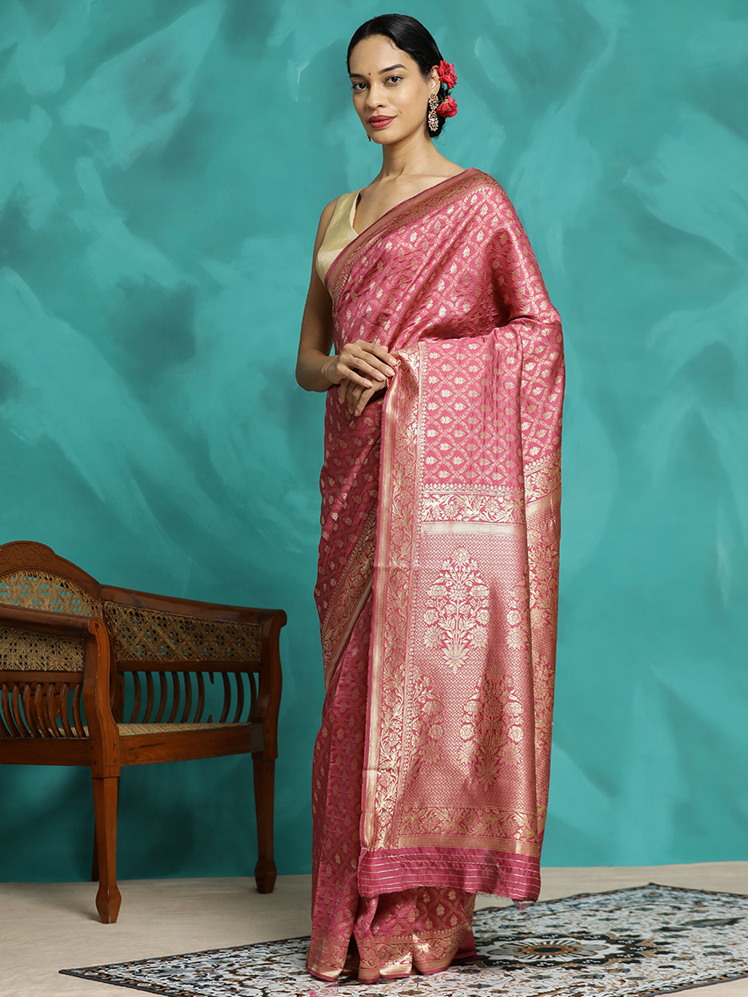 Zari Woven Design Heavy Banarasi Pink Saree