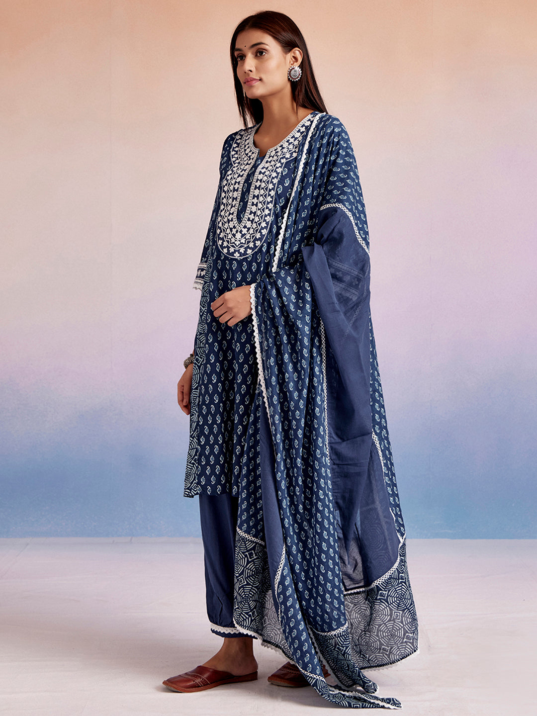 Indigo Printed Pakistani Kurta Set With Dupatta