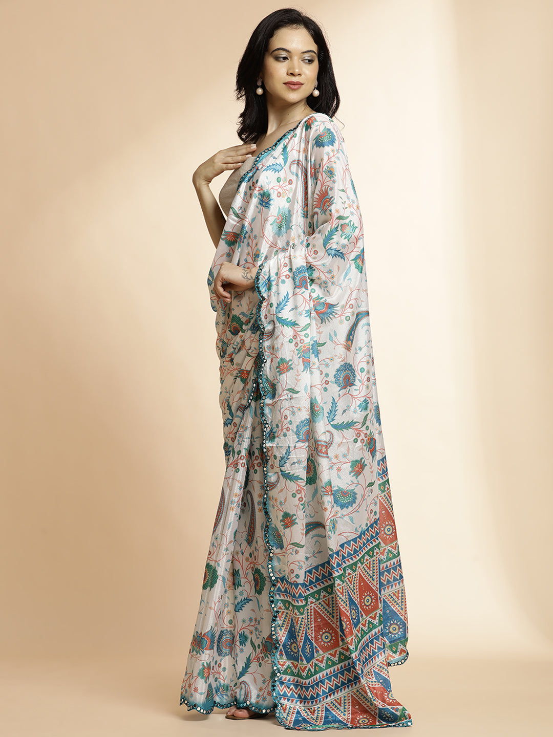 Multicolor Printed Mirror Work Satin Saree