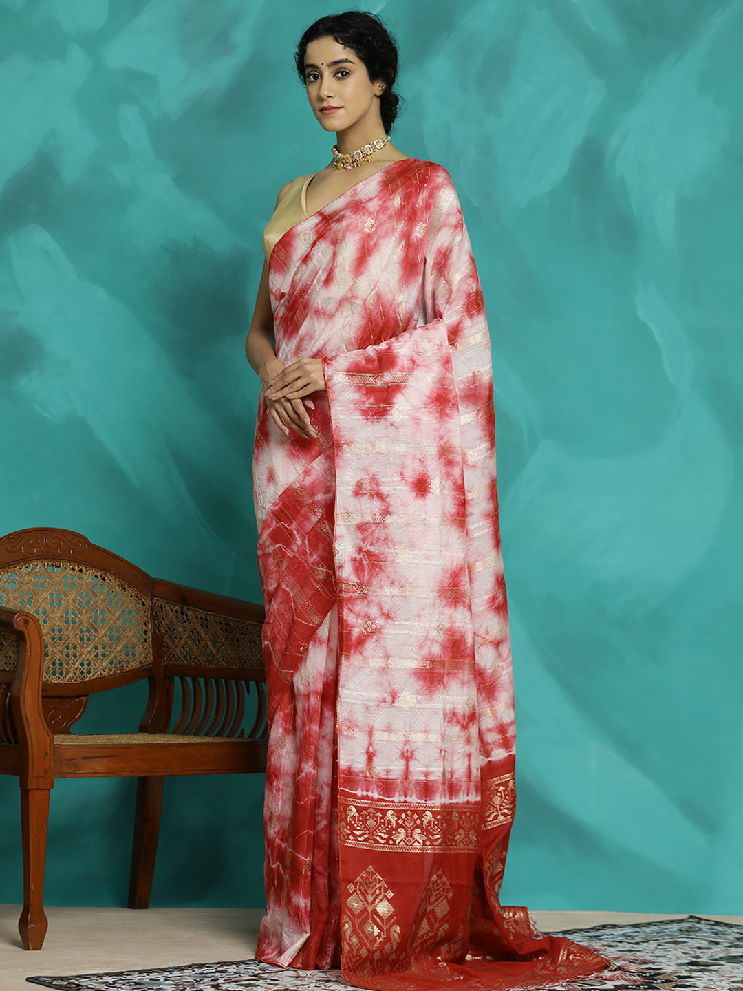 Tie-Dye Cotton Blend Red Banarasi Saree