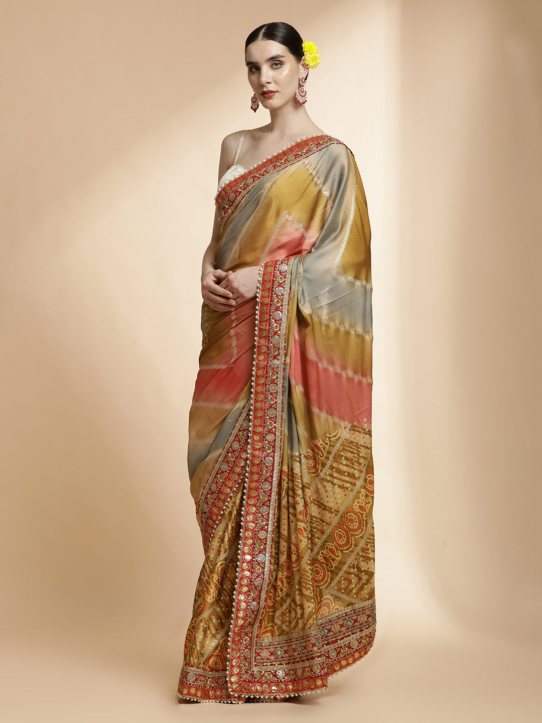 Mustard Traditional Bandhani Embroidered Pure Georgette Saree