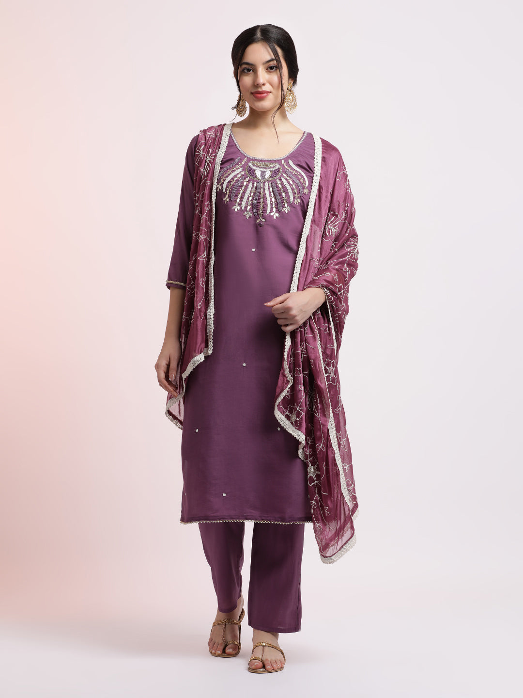 Purple Embroidered Cotton Festive Kurta Set With Dupatta