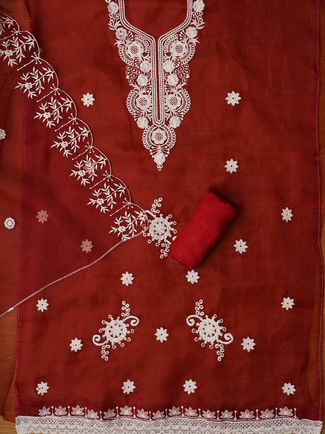 Red Thread Embroidered Organza Dress Material with Dupatta