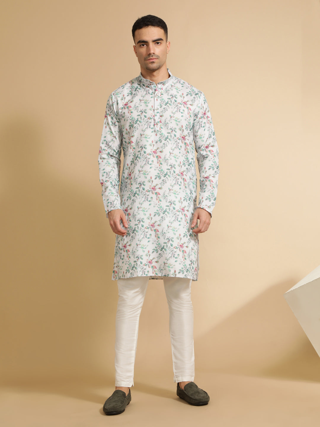 Off White & Green Floral Printed Cotton Kurta for Men