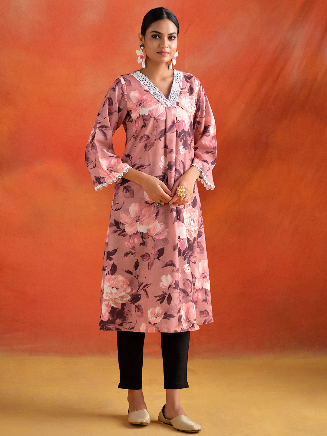 Peach Floral Printed A-line Kurta