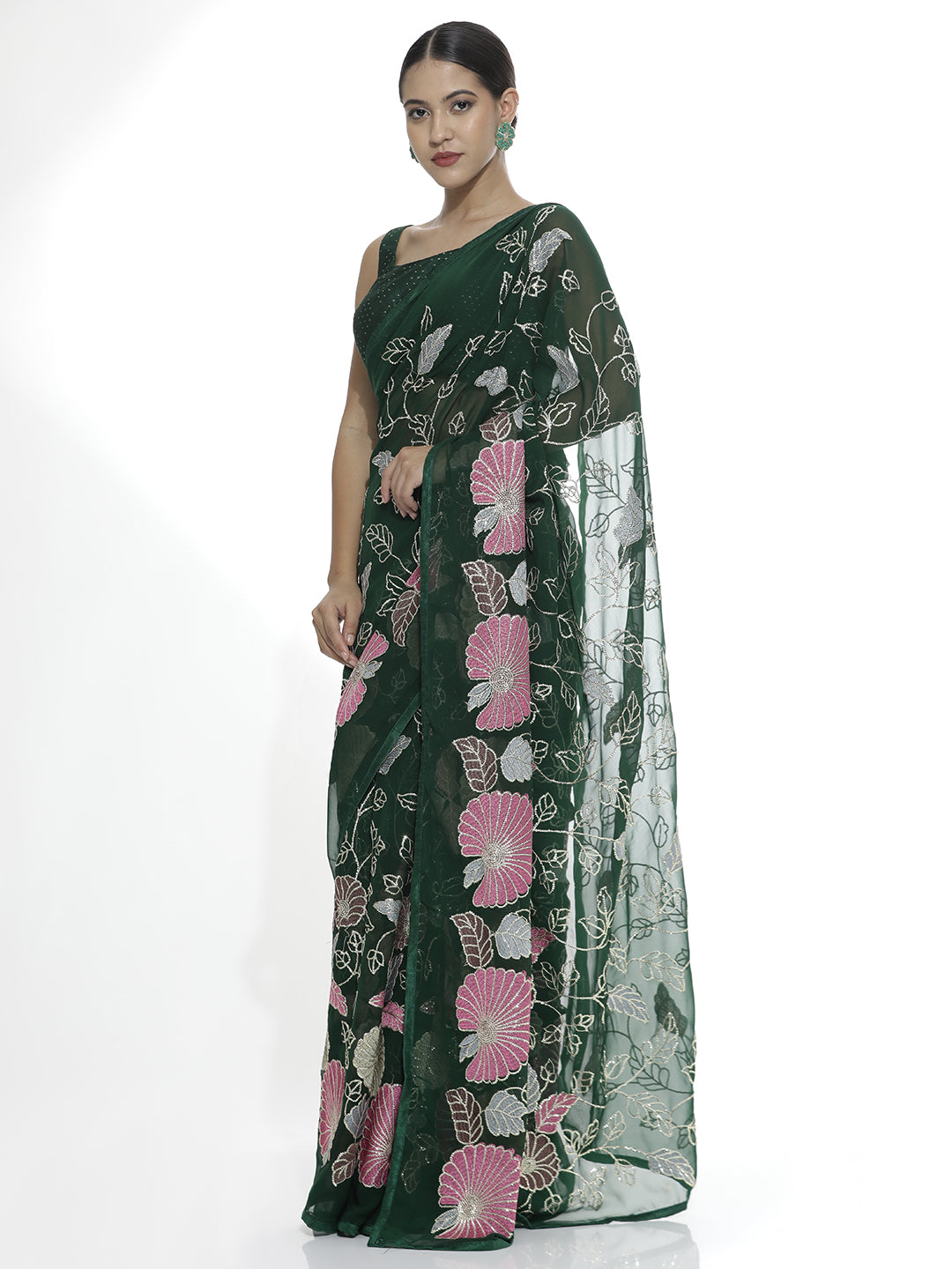 Green Floral Sequin Work Pure Georgette Saree