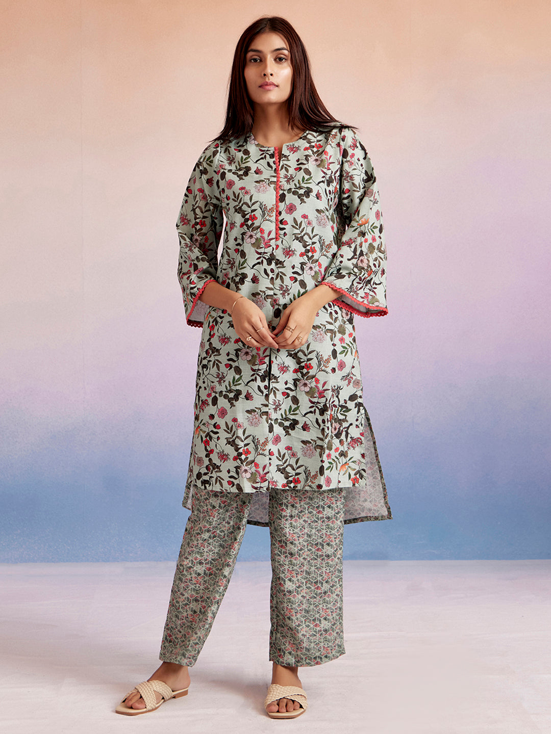 Floral Printed Straight Kurta With Palazzo Set