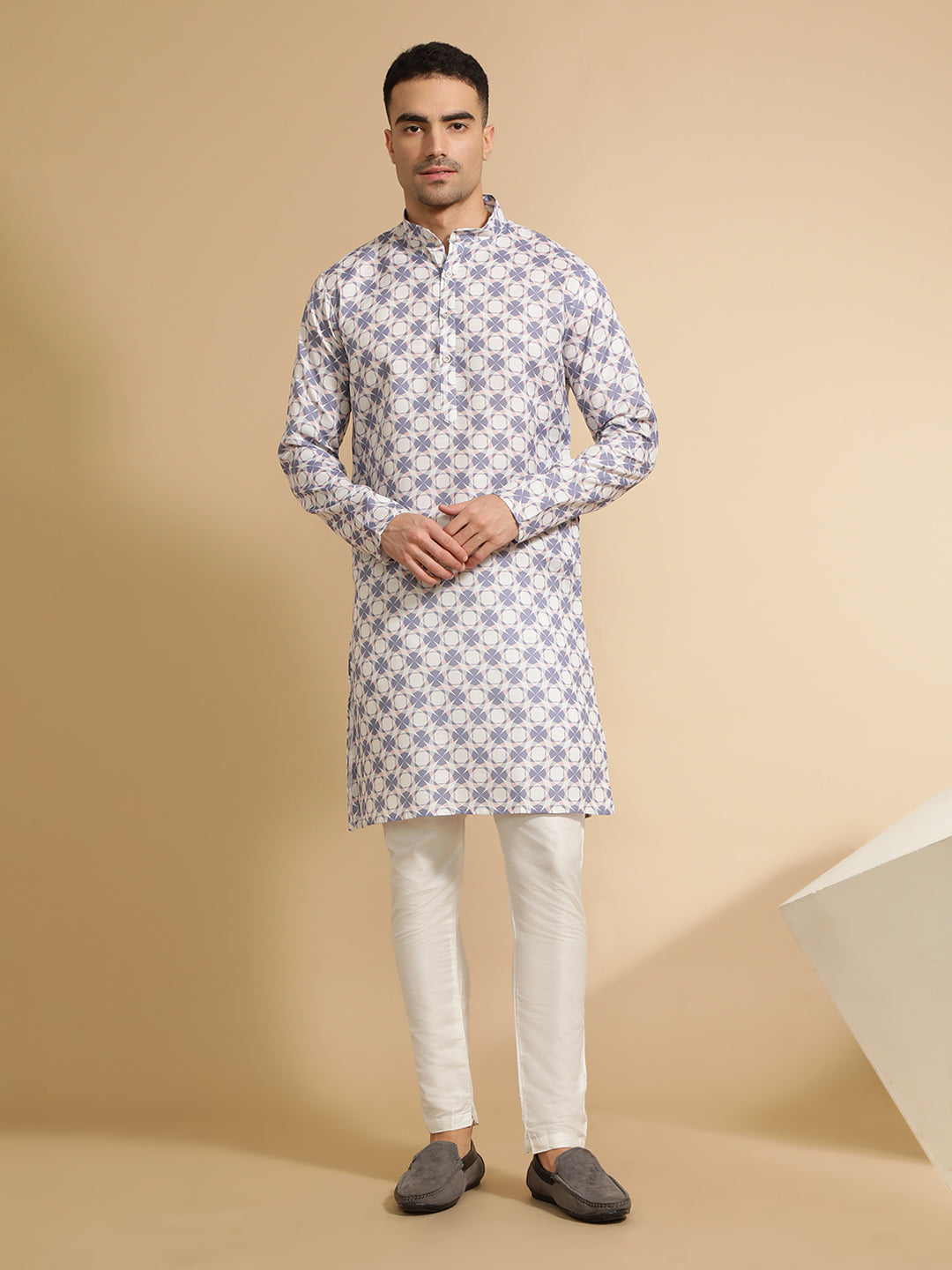 Off White & Blue Floral Printed Cotton Kurta for Men